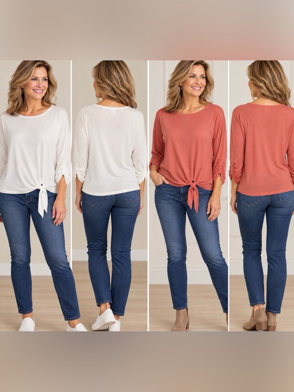 Lot of 2 New Directions Tie Front Tops Boat Neck Ruched 3/4 Sleeve Sz Medium New